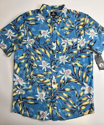 New Volcom Men’s Button Down Shirt Short Sleeve Size XL Blue Flower Print • $34.95