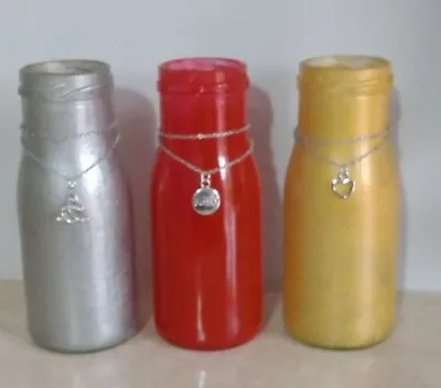 3 Coloured Glass Bottles /Vases /Chain Decor/ Family /Heart / Celtic Knot • £6