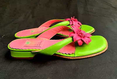 Lilly Pulitzer Vintage Bright Green +pink Low-heeled Thong Sandals-8.5 • $26.89