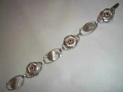 Vintage Lang Sterling Silver  Flower Roses Bracelet Links  Leaves 7.25” • $32.99