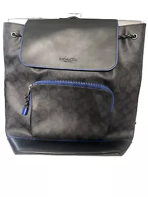 Coach Men's Signature Leather Black Blue Flap Backpack • $110