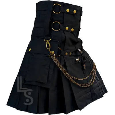 SCOTTISH Utility Pleated Gothic Gladiator LARP Black Cow Leather Kilt For Men • $69.99