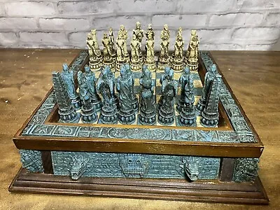 Vintage Unique Mayan Aztec Chess Set Malachite Stone Wood RARE • $250