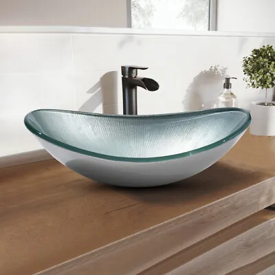 £95.95 • Buy Silver Bathroom Vanity Oval Tempered Glass Art Basin Bowl Vessel Sink Countertop