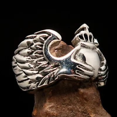 Mens Sterling Silver Claddagh Ring Heart And Crown Hands With Wings Size 11 • $90