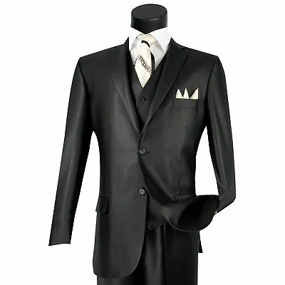 VINCI Men's Black Shiny Sharkskin 3pc 2 Button Classic Fit Suit NEW • $124