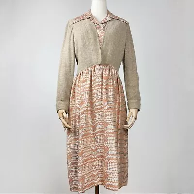 70s Oscar De La Renta Dress Checkered Orange Metallic Long Sleeve Wool Midi M • $115