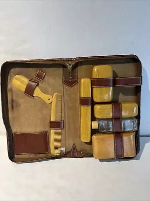 Vintage Men's Travel Kit Toiletries Grooming Brush Zipper Case Leather • $18