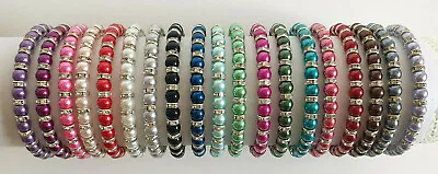 £1.79 • Buy Elastic Glass Pearl & Diamante Rondelle Bead Bracelet 6mm - 24 Colours 