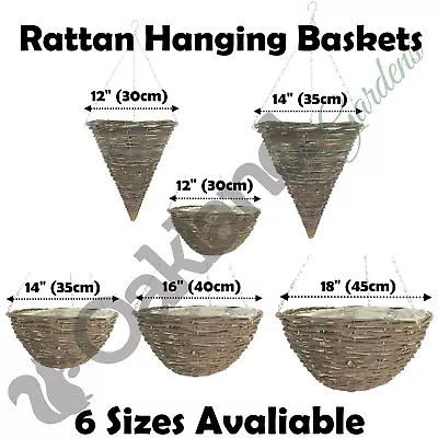Rattan Hanging Baskets 12  14  16  18  Lined Planter With Wire Chain Round Coned • £6.90