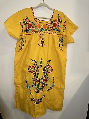 Vtg Yellow Oaxacan Midi Dress Colorful Hand Embroidered  Mexican Dress • $44.99