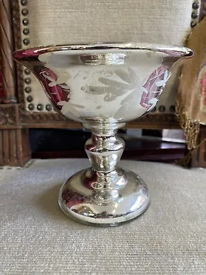 Victorian Antique Mercury Glass Murano Compote Pedestal Bowl Silver&Flowers Cup • $110