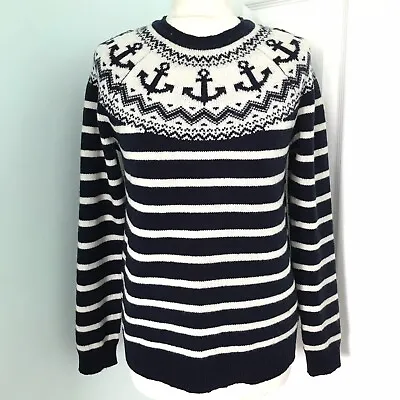 Arabella & Addison Navy Blue & White Striped Nautical Anchor Jumper Wool Size S • £22.50