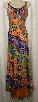 La Femme Paris Silk Gown Orange Paisley Bejeweled Beaded Sleeveless Dress 4 • $101.35