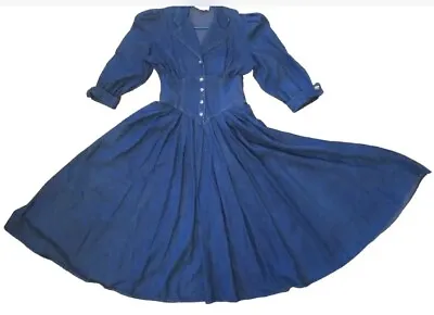 Blue Denim Vintage Midi Fit And Flare Full Circle Skirt Prairie Dress Medium  • $48