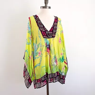 Matthew Williamson For H&M Silk Kaftan Tunic Top Size 2 Green Tropical Cover Up • $45