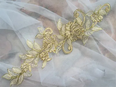 £4.99 • Buy Gold Bridal Lace Applique Embroidery Wedding Dress Motif Floral DIY Trim 1 Pair