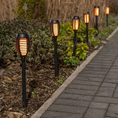 Set Of 6 Flame Stake Lights Black Spikes Solar Powered Garden Outdoor Path Patio • £17.99