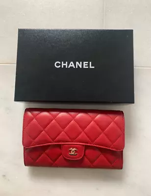 Chanel Classic Long Flap Wallet Red Smooth Lambskin Leather CC Logo • £670