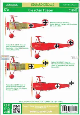 EDUD32006 1:32 Eduard Decals - Fokker Dr.I 'Die Roten Flieger' • $19.84