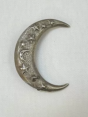 Silvertone Crescent Moon Brooch Pin Unmarked Stars Planets Celestial • $16