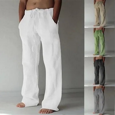 Casual Men's Cotton Linen Pants Drawstring Trousers Comfort Loose Wide Leg Pant • $24.21