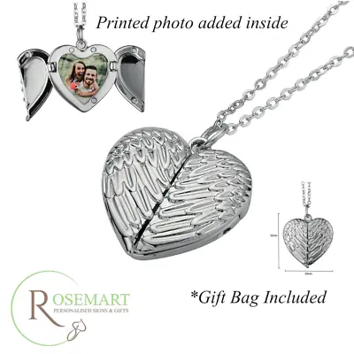 Personalised Photo Angel Wings Heart Locket Necklace Love Gift Memorial Keepsake • £9.99