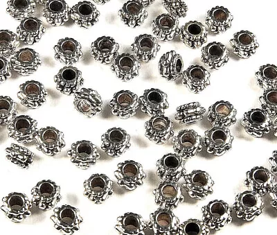 100 X ANTIQUE SILVER~ROUND~RONDELLE~TIBETAN STYLE~METAL SPACER BEADS 5 X 3 MM • £1.69