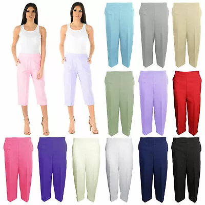 Ladies Cropped Trousers Womens 3/4 Three Quarter Elasticated Capri Crop Pants • £8.99