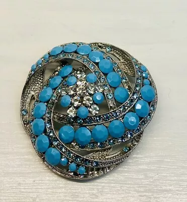 Vintage Silver Tone Turquoise Blue Rhinestone Large Brooch/Pin Western Cowgirl • $1.45