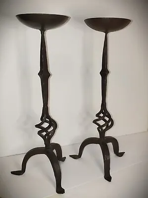 Antique MISSION STICKLEY ARTS & CRAFTS PAIR HAND HAMMERED BRONZE CANDLESTICKS • $265