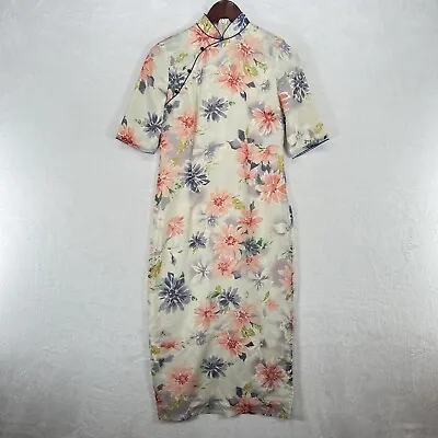 Vintage Dress Womens Small Ivory Pink Floral Qipao Cheongsam Midi Side Slits • $28