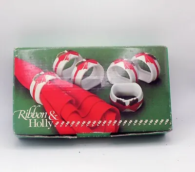 Set Of 6 Ribbon And Holly Porcelain Napkin Ring Holders Vintage Japan 1986  • $12