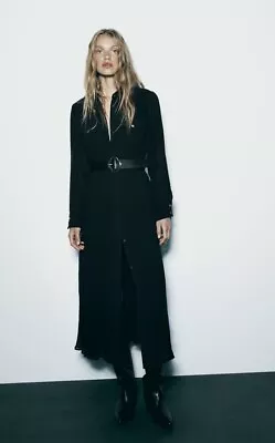 Zara Belted Pleated Midi Shirt Dress. Black. 8741/244. Size L • £45