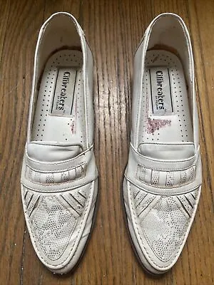 Vintage 1970's Pegkar Mens 9.5 White Leather Loafers Shoes Snakeskin Style Disco • $39.99