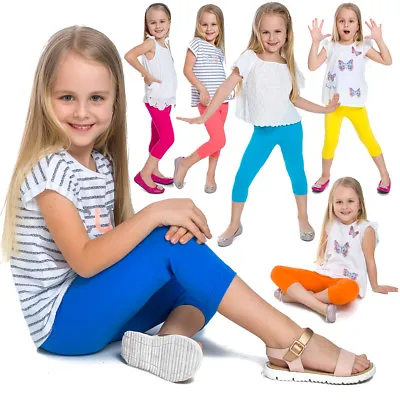 Children Cropped Leggings Comfy Colorful Cotton Capri Kids 3/4 Pants Age 2-13 • £4.49