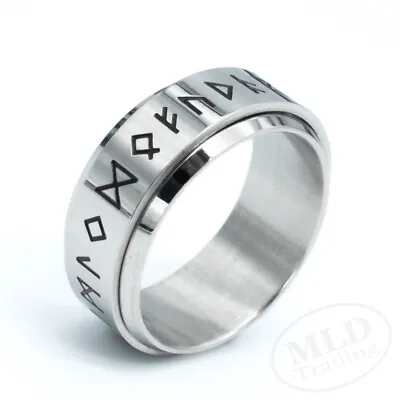 Mens Stainless Steel Norse Viking Rotating Futhark Rune Ring Band - Size 7-13 • $11.99