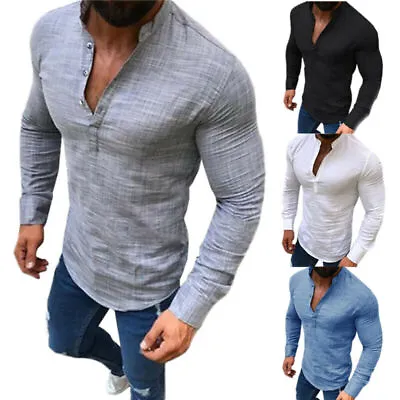 $16.62 • Buy Mens Long Sleeve Slim Fit T-Shirt V Neck Button Shirts Grandad Tops Tees Blouse