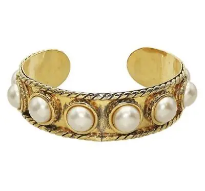 Vintage CHANEL Faux White Pearl Gold Open Bangle Bracelet Used From Japan • $696.36