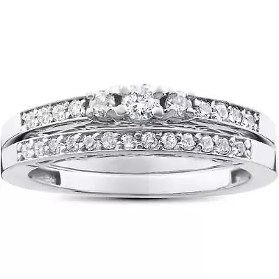 1/2ct 3 Stone Engagement Wedding Ring Set 14K White Gold • $727.15