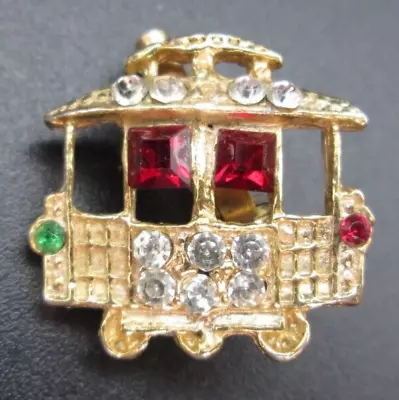 Trolly Street Cable Car Railcar Gold Tone Rhinestone Brooch Pin Vintage Estate • $12.99