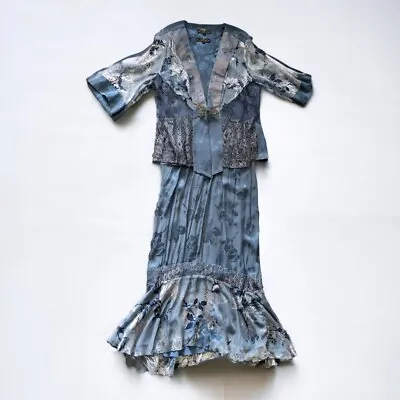 Violet Kay 3pc Skirt Tank Cardigan Set Women L Blue Rayon Blend Lace Floral Vtg • $52.49