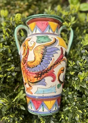 Vintage Italian Pottery Majolica Vase With Stylised Mythical Bird / Phoenix • £40