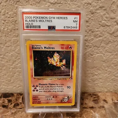 PSA 7 NM - 2000 Pokemon Blaine's Moltres #1/132 Gym Heroes Rare Holo Swirl #1 • $68.99