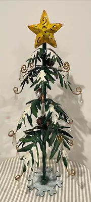 Vintage METAL CHRISTMAS TREE Snowy Branches & Crystal Ornaments 19” Tall • $38.95