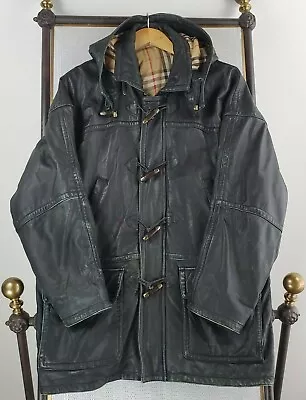 Rare VTG BURBERRYS England Size Large Mens Leather Hooded Toggle Duffle Coat • $1894