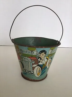 Vintage Tin Litho Sand Pail Graphics Of Children At The Race Track • $39.95