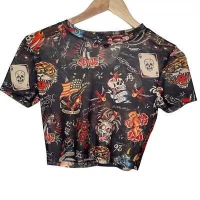 Ed Hardy Mesh Sheer Y2k Tattoo Americana Printed Crop Top Size Small • £28.90