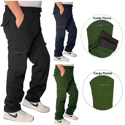 Mens Elasticated Waterproof Fleece Cargo Combat Cotton Trousers Pants Bottoms • £13.98