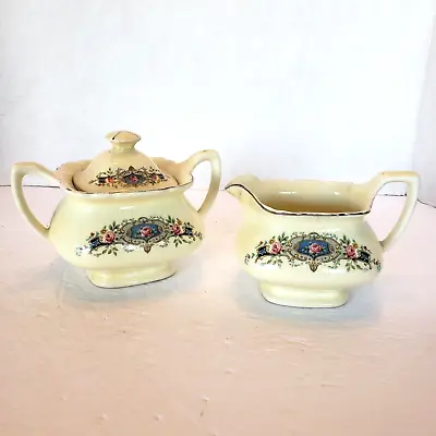 Vtg W S George Lido Canarytone Creamer And Sugar Bowl Set Roses Silver Trim • $24.99